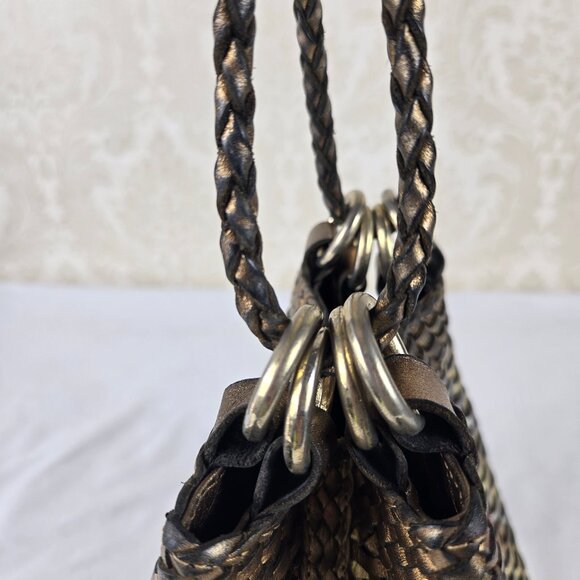 LJS Collection Small Braided Woven Leather Bucket Shoulder Bag Mixed Metallics - Picture 8 of 13